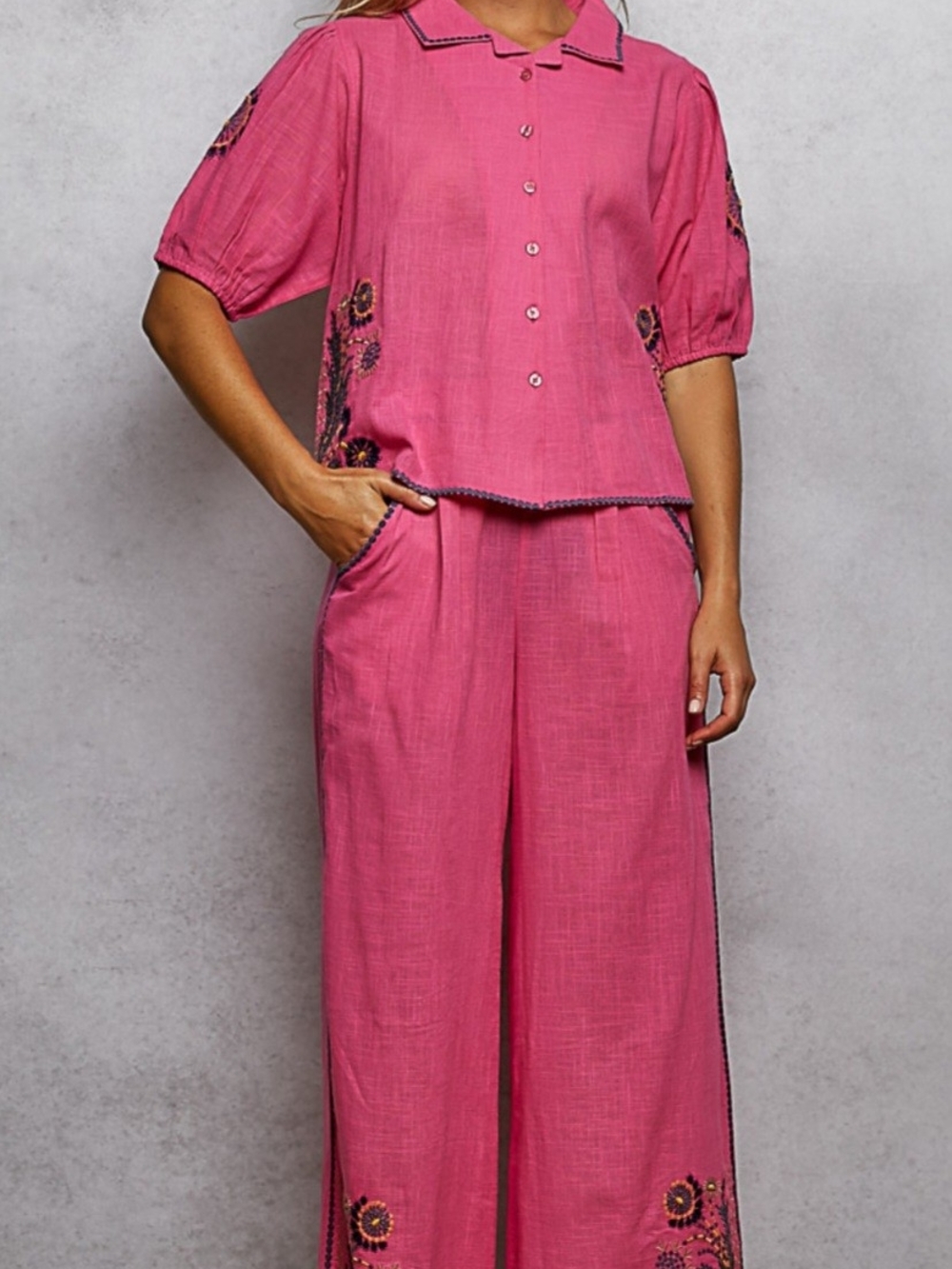 POL Pink Embroidered Button-Front Pants Set - Picture 4 of 8